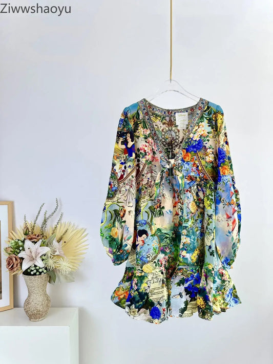 High Quality Autumn Women Fashion Runway Designer Silk Linen Beaded